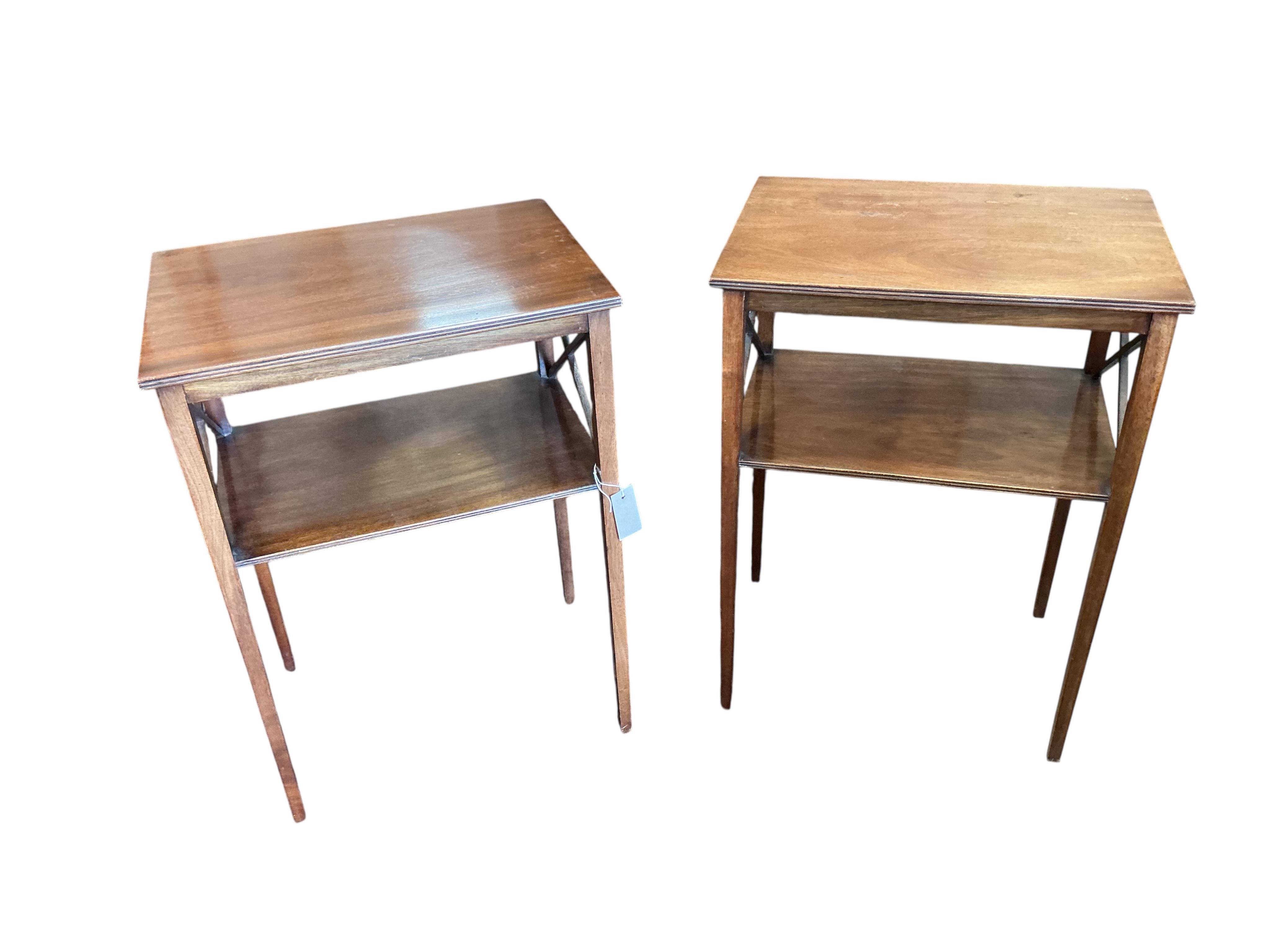 A pair of Edwardian rectangular mahogany two tier occasional tables, width 49cm, depth 35cm, height 69cm